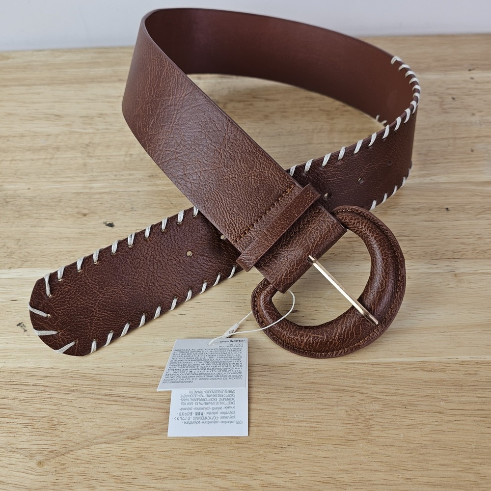 ZARA NWT Womens Western Belt 26-32" Brown Wide Belt with Buckle White Stitching
